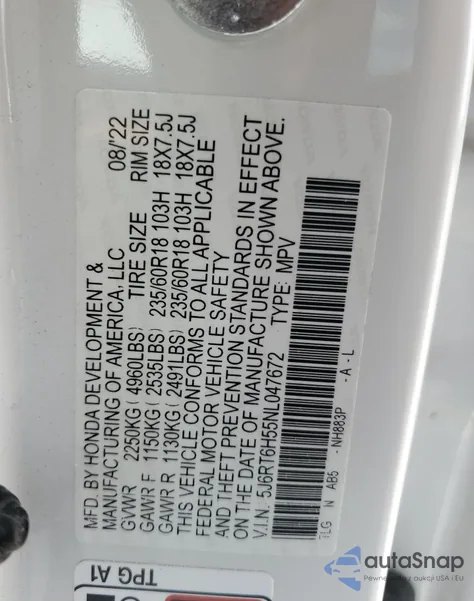 2022 Honda Cr-V Ex from USA, damaged, VIN 5J6RT6H55NL047672